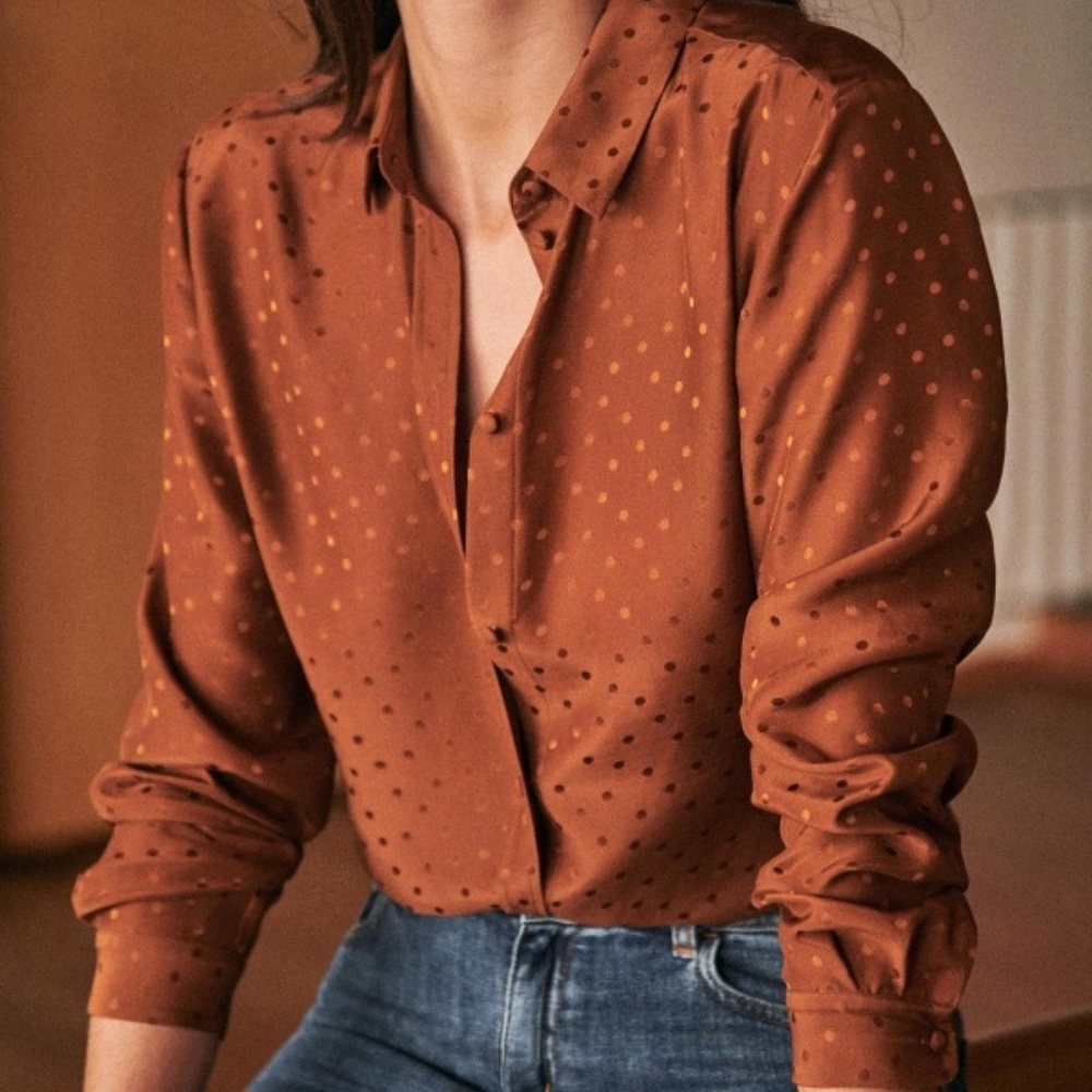 Sezane Ann Silk Button Down Blouse Hazelnut Jacquard